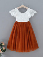 Lace Burnt Orange Boho Ankle Length Flower Girl Dress With Cap Sleeves