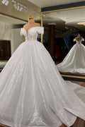 Romantic Off The Shoulder Long Ball Gown Wedding Dress With Sequins