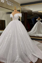 Romantic Off The Shoulder Long Ball Gown Wedding Dress With Sequins