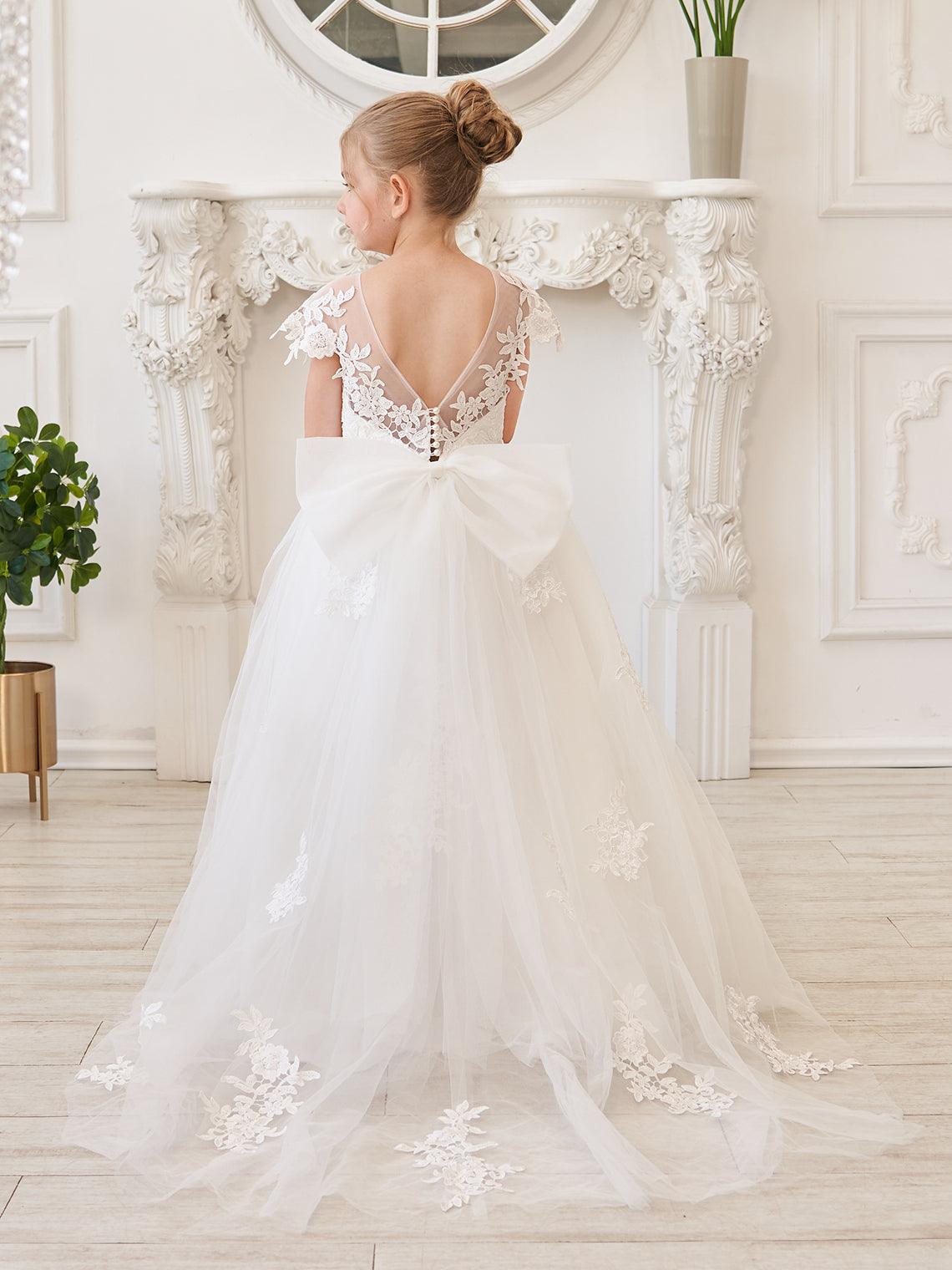 Ivory Lace Tulle First Communion Flower Girl Dress With Detachable Train