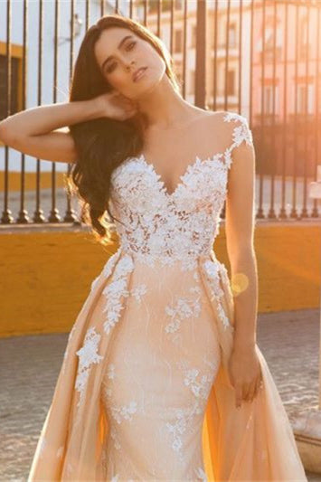 Sweetheart Cap Sleeves Lace Appliques Mermaid Wedding Dress Overskirt