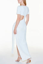 Holiday Party Ribbed Knit Cutout Waist Straps Slit Maxi Dress