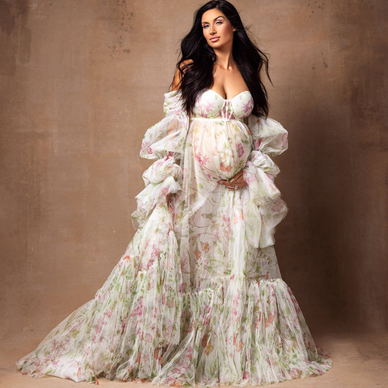 Fairy Blossom Chiffion Maternity Dresses Photoshoot Puff Sleeves Print Floral Maternity Photography Dress Pregnancy Women Gowns