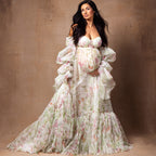 Fairy Blossom Chiffion Maternity Dresses Photoshoot Puff Sleeves Print Floral Maternity Photography Dress Pregnancy Women Gowns