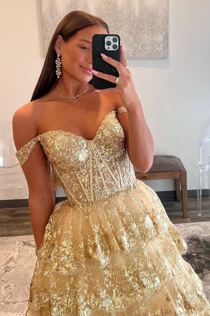 Vestido de fiesta de princesa con encaje y lentejuelas y hombros descubiertos