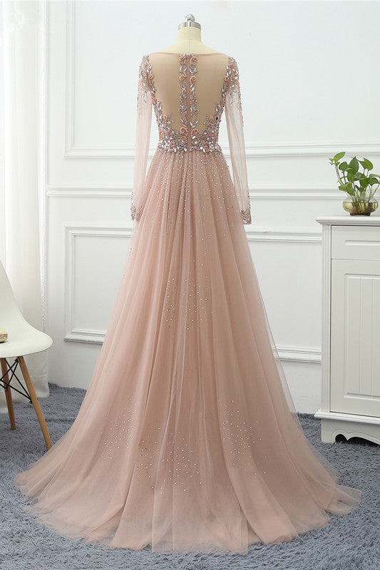 Elegant V Neck Long Sleeves Prom Dress With Overskirt Beading And Appliques