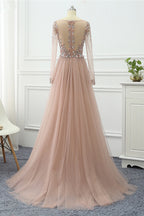 Elegant V Neck Long Sleeves Prom Dress With Overskirt Beading And Appliques