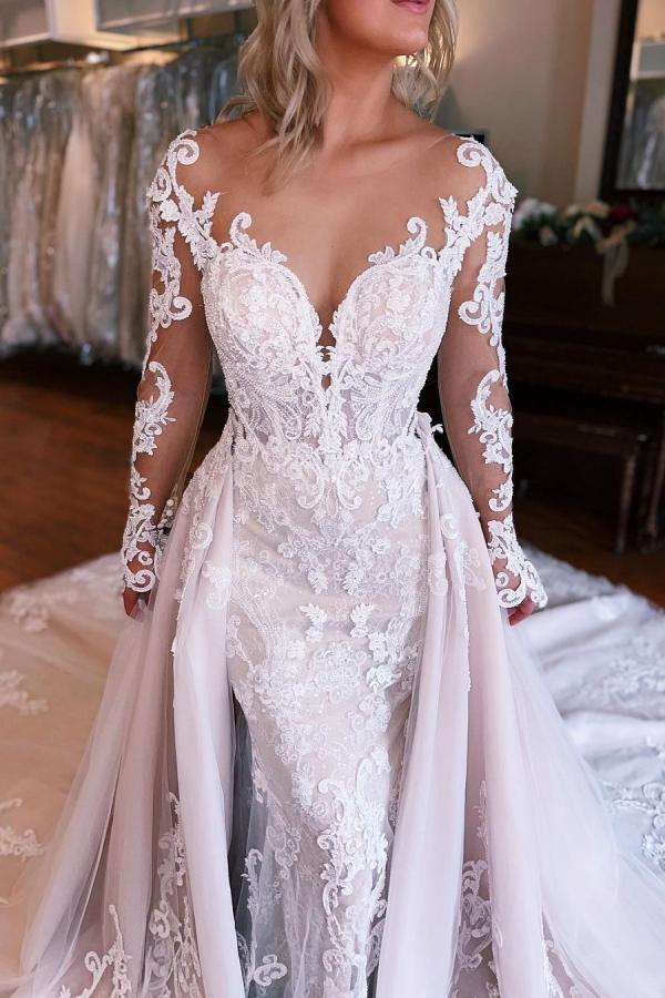 Bmbridal Lace Long Sleeves Wedding Dress With Overskirt Beaded Details On Sale