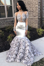 Robe de bal à manches longues royale avec détails d'appliqué complexes