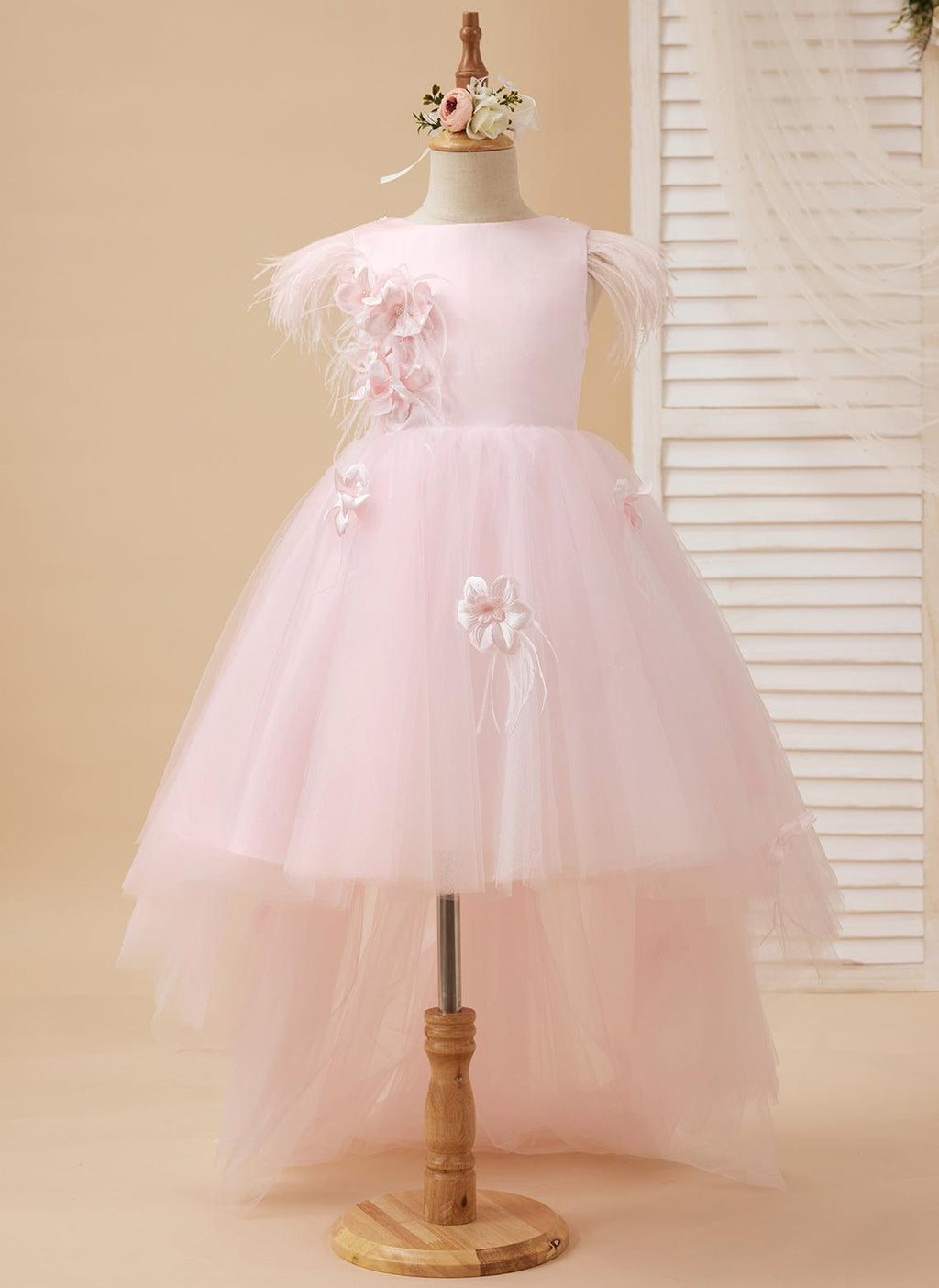 Princess Sleeveless Tulle Flower Girl Dress With Beading And Feather Bow
