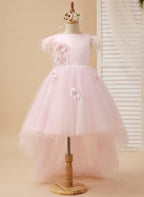 Princess Sleeveless Tulle Flower Girl Dress With Beading And Feather Bow