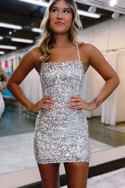 Vestidos de fiesta cortos con lentejuelas negras, tirantes ajustados y purpurina