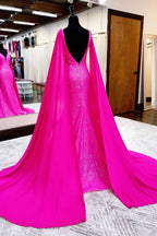 Hot Pink Sequin Mermaid Prom Dress With Wateau Train For Wedding Party