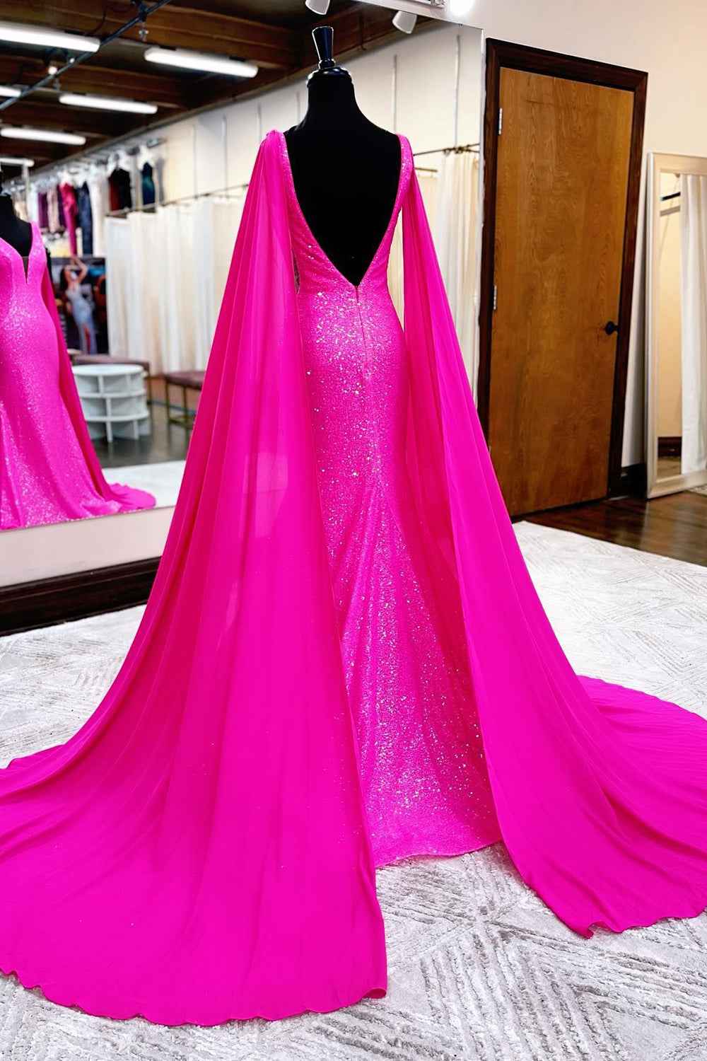 Hot Pink Sequin Mermaid Prom Dress With Wateau Train For Wedding Party