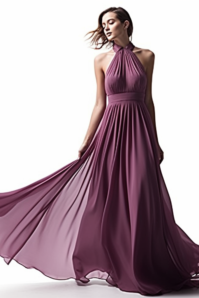 Vestido longo de cerimónia em chiffon sem mangas com gola halter e pregas elegantes