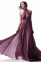 Vestido longo de cerimónia em chiffon sem mangas com gola halter e pregas elegantes