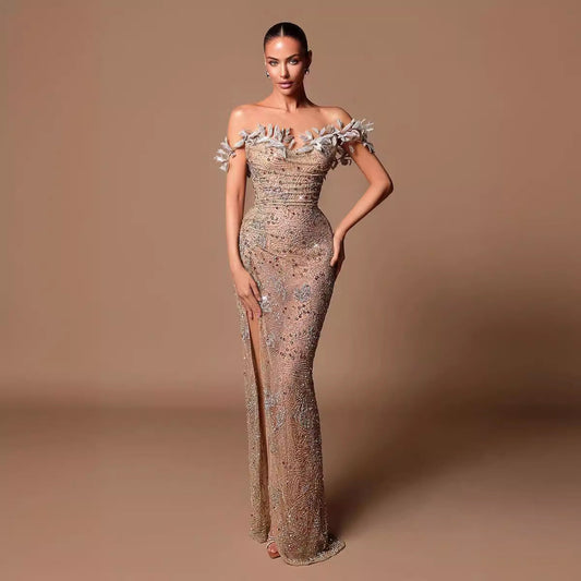 Off Shoulder Slit Strapless Floor Length Prom Dress