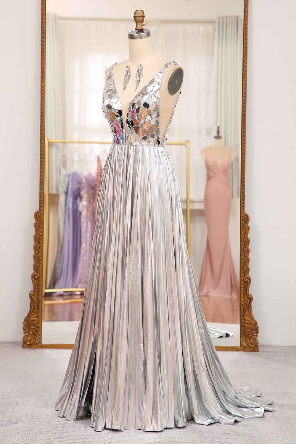 Sparkly A Line Deep V Neck Silver Polyester Prom Dress With Beading