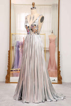 Sparkly A Line Deep V Neck Silver Polyester Prom Dress With Beading