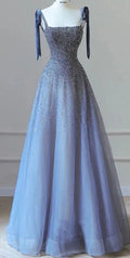 Abito da sera blu scintillante con spalline sottili in tulle perline, linea a trapezio, abito da ballo lussuoso Y7628