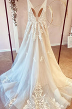 Floor Length Tulle A Line Wedding Dress With Deep V Neck And Floral Lace