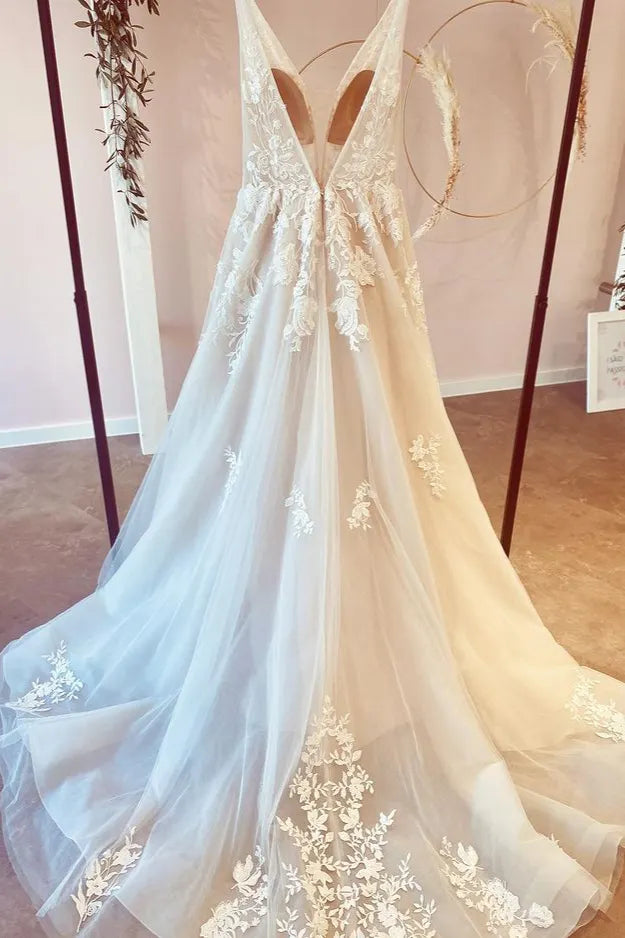 Floor Length Tulle A Line Wedding Dress With Deep V Neck And Floral Lace