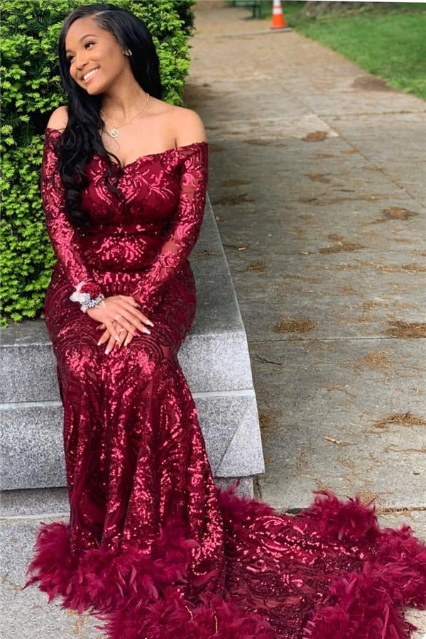 Custom Made Burgundy Sequin Mermaid Prom Dress With Long Sleeves And Feathers