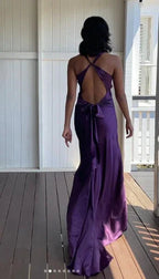 Vestido de noite longo roxo com decote em V e costas descobertas Vestido de baile Vestido de festa Y7520