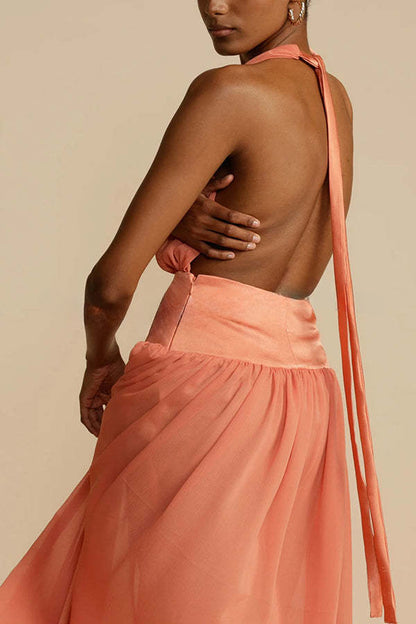 Weiblichkeit und Eleganz – Neckholder-Maxikleid mit freiem Rücken aus Tüll 