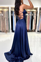 Dark Navy Sleeveless Prom Dress With V Neck Slit Stretch Satin A Line