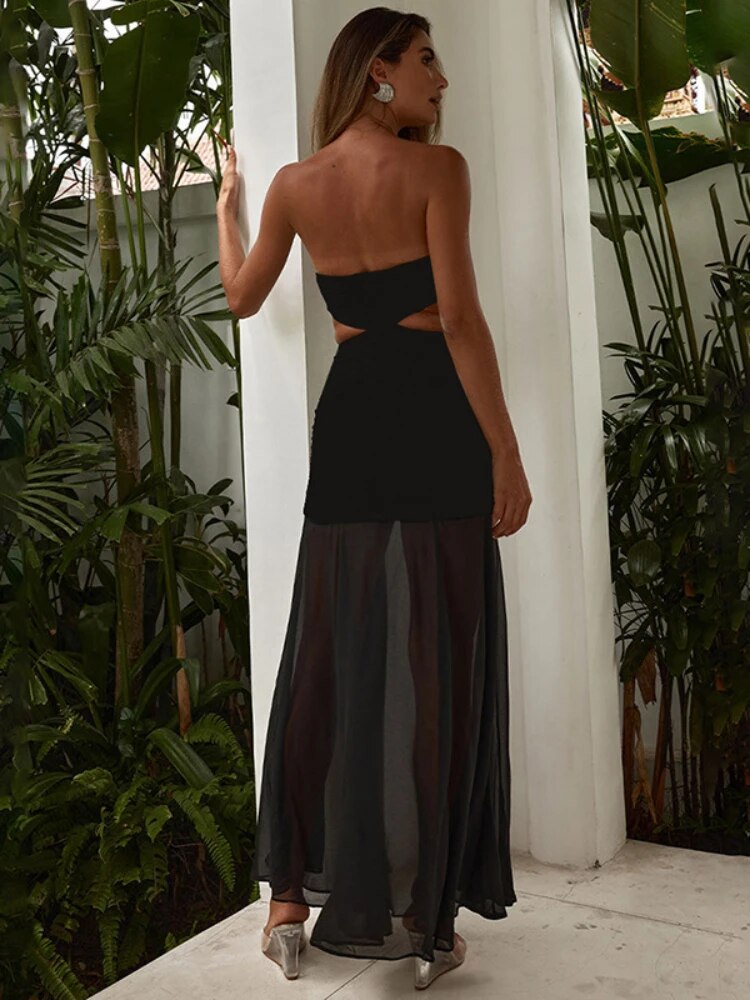 TARUXY Splice Mesh Maxi Dresses For Women Sexy Bow Bandage Bodycon Off Shoulder Dress Femme Elegant Backless Evening Dress Lady