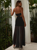 TARUXY Splice Mesh Maxi Dresses For Women Sexy Bow Bandage Bodycon Off Shoulder Dress Femme Elegant Backless Evening Dress Lady