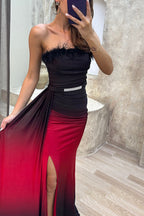 Wild Elegance Gradient Print Feather Trim Belted Slit Maxi Dress