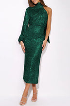 Vestido de Noite Elegante e Formal, Liso com Lantejoulas, Fenda e Alça ao Pescoço (6 Cores)