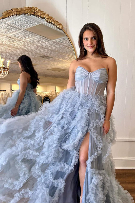 Vestidos de fiesta largos de tul con volantes y abertura, corte A