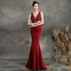 Handmade Applique Beaded Toast Clothing Bride Long Appreciation Dinner Slim-Fit Fishtail Wedding Evening Dress Formal Gown