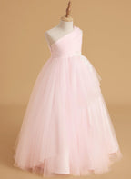 Enchanted Blush Princess Flower Girl Dress With Tulle Ruffles And Sweep Train