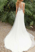 Split Lace Sleeveless Wedding Dress With Elegant Lace Detailing