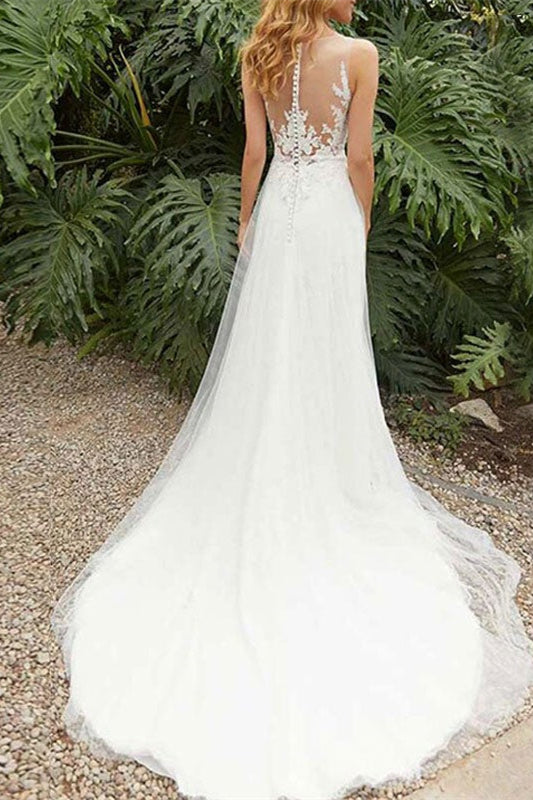 Split Lace Sleeveless Wedding Dress With Elegant Lace Detailing