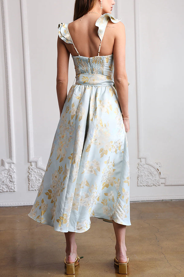 Robe mi-longue à corset froncé avec dos à volants et motif floral baroque la plus délicieuse