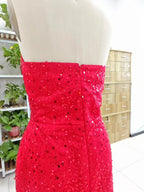 Alcyone | Vestidos de fiesta rojos con lentejuelas, escote de sirena y abertura F1065