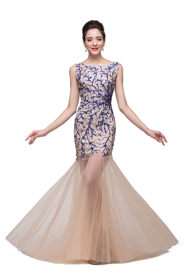 Abiti da sera color Champagne con gonna a sirena in tulle a tutta lunghezza
