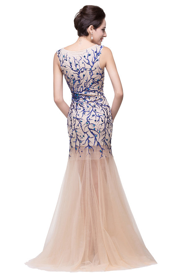 Abiti da sera color Champagne con gonna a sirena in tulle a tutta lunghezza