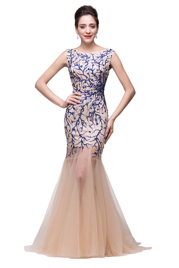 Abiti da sera color Champagne con gonna a sirena in tulle a tutta lunghezza