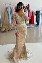 Champagne Mermaid Evening Gown Long Sleeve V Neck Crystal Beaded Prom Dress