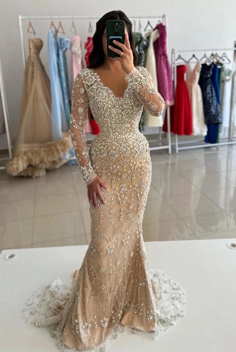 Champagne Mermaid Evening Gown Long Sleeve V Neck Crystal Beaded Prom Dress