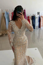 Champagne Mermaid Evening Gown Long Sleeve V Neck Crystal Beaded Prom Dress