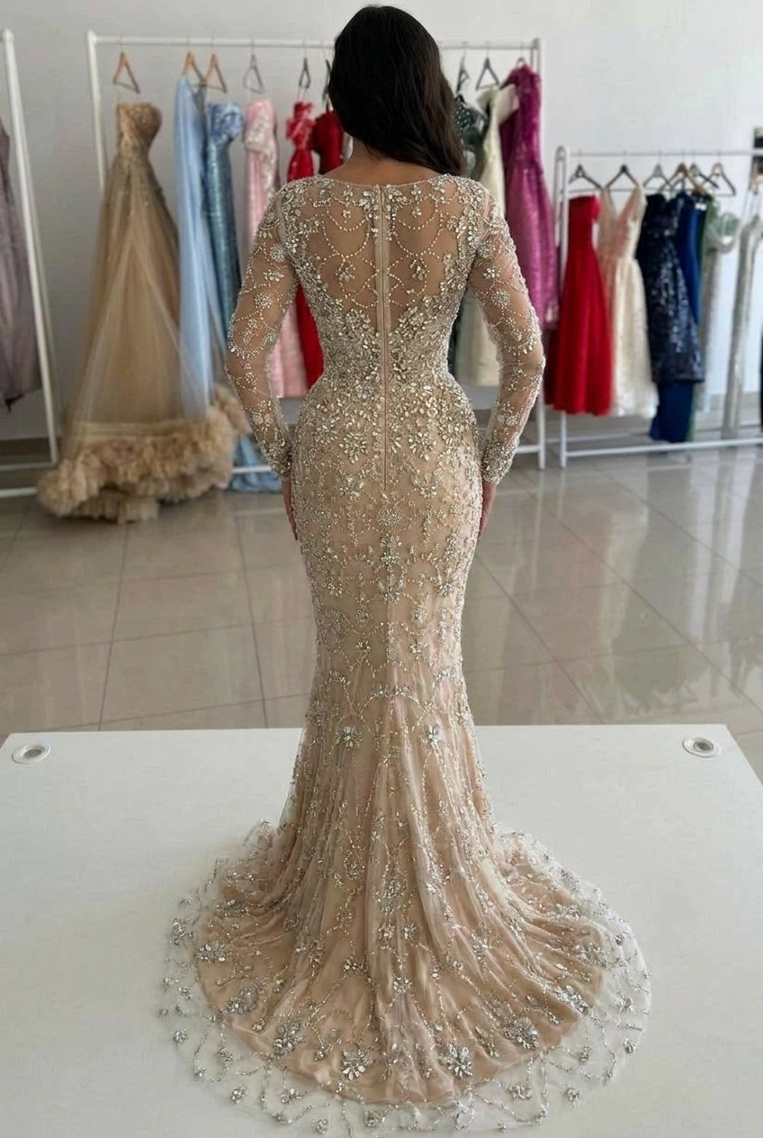Champagne Mermaid Evening Gown Long Sleeve V Neck Crystal Beaded Prom Dress
