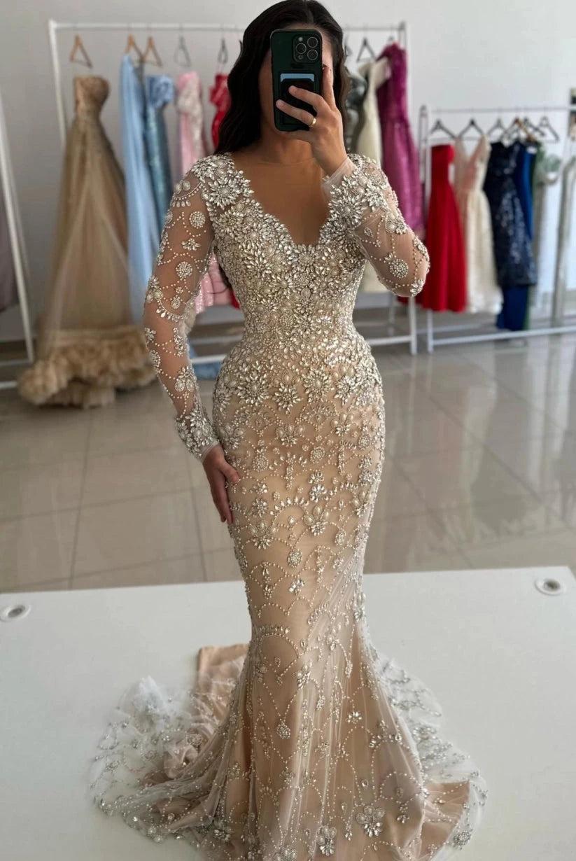 Champagne Mermaid Evening Gown Long Sleeve V Neck Crystal Beaded Prom Dress