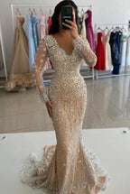 Champagne Mermaid Evening Gown Long Sleeve V Neck Crystal Beaded Prom Dress